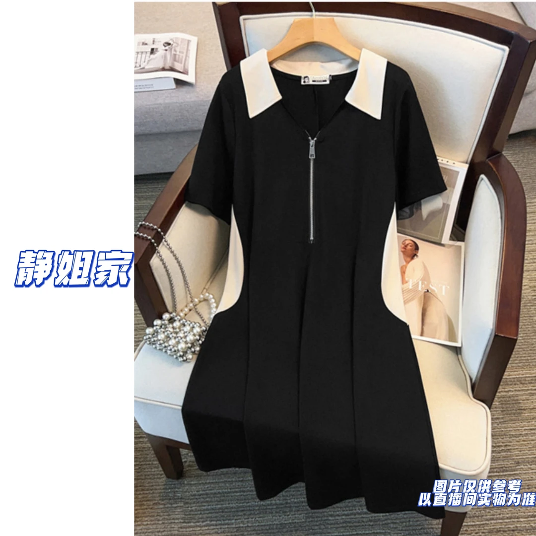 JING定制大码女装夏季薄款polo领黑白撞色显瘦连衣裙1979