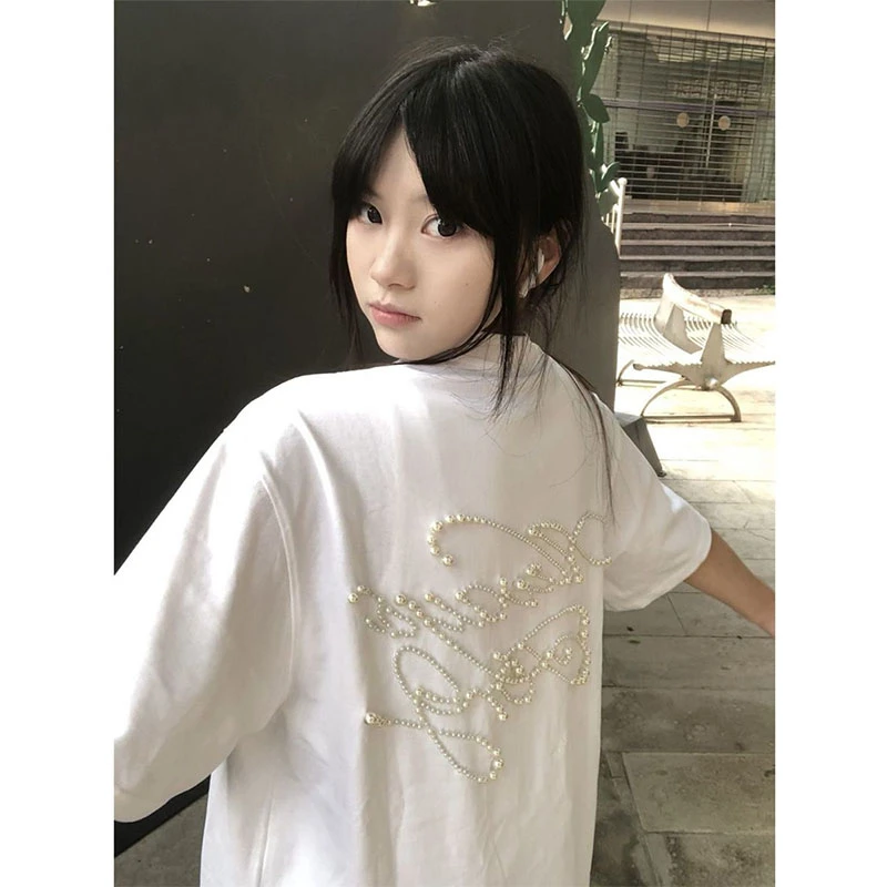 美式复古chic短袖T恤女夏季设计感字母钉珠绣宽松百搭半袖上衣潮