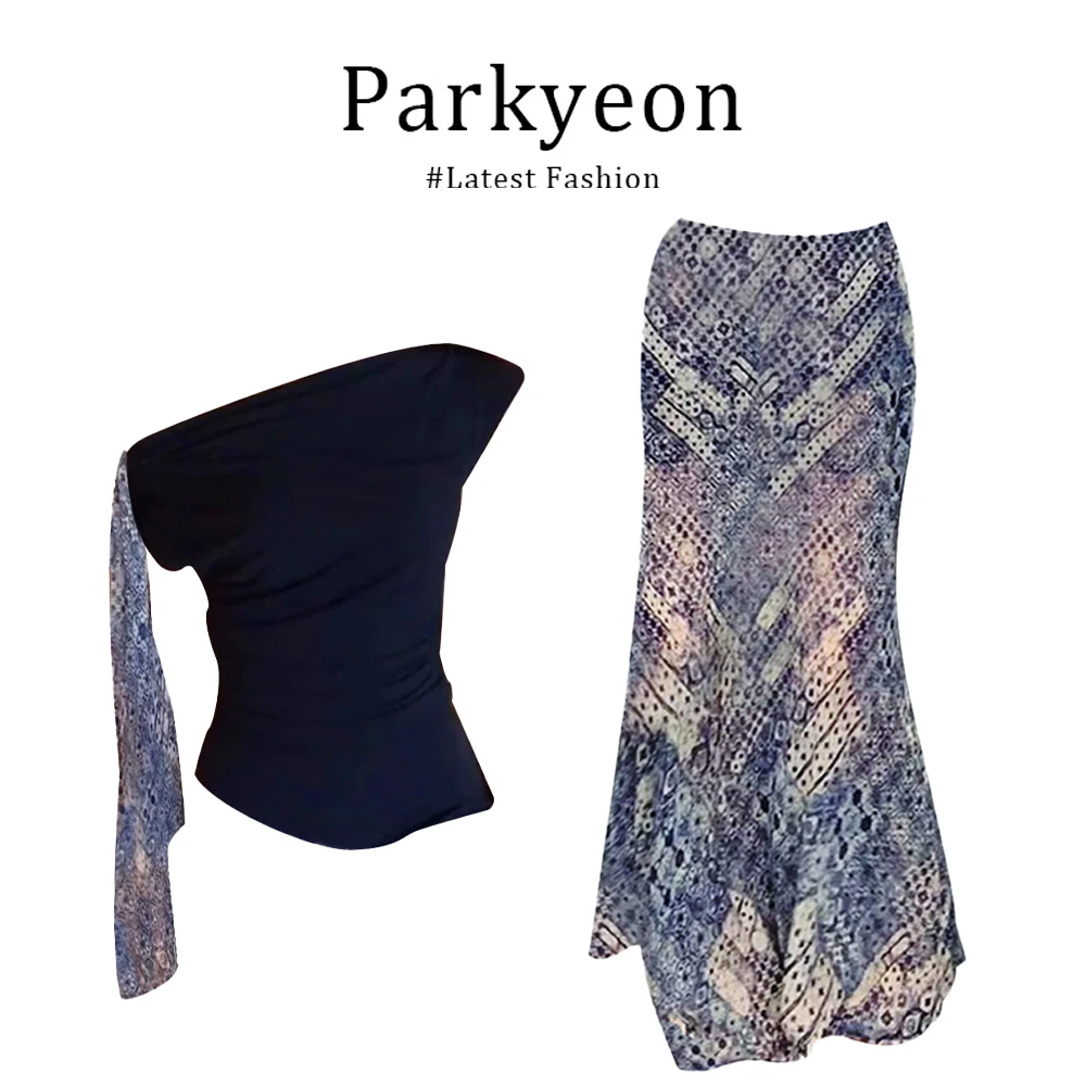 御姐风性感气质一字肩绑带上衣碎花鱼尾半身裙夏季两件套