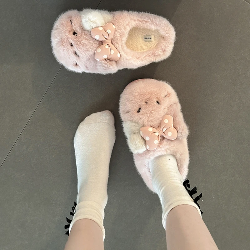 可爱波点蝴蝶结毛毛鞋女2025秋冬新款外穿保暖暖呼呼舒适半拖鞋潮
