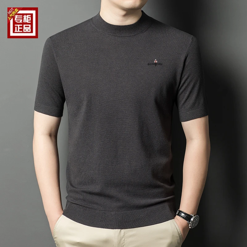 专柜轻奢短袖羊毛衫春秋季男士半高领毛衣半袖薄款打底爸爸针织衫