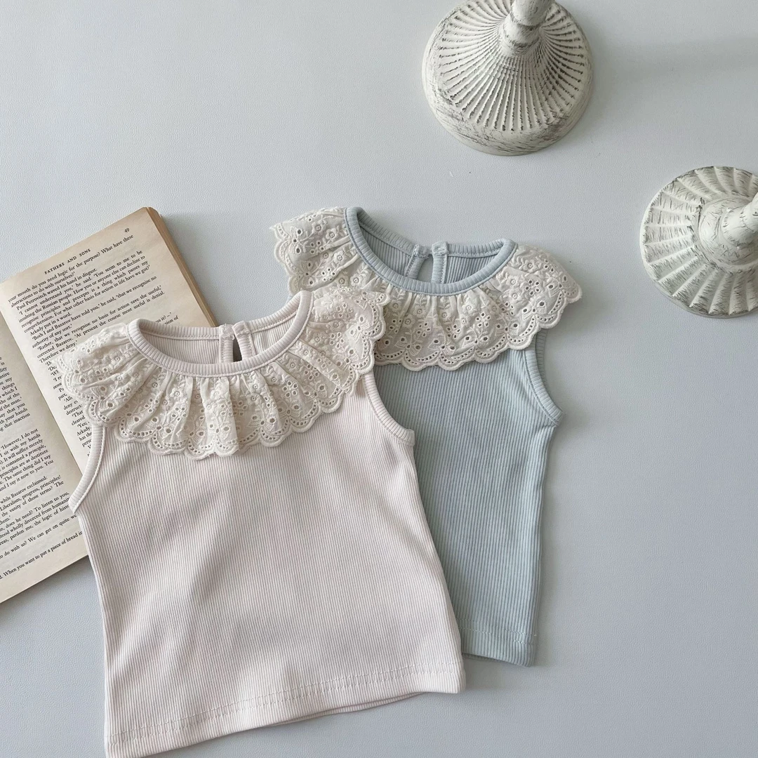 INS款夏季婴幼儿无袖大花边领细坑条打底衫女宝宝公主范外出上衣