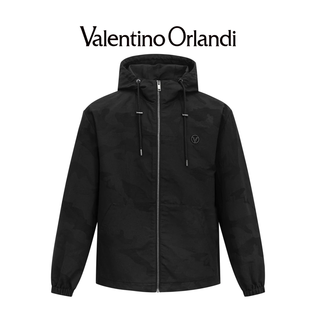 Valentino orlandi男士春秋B版时尚百搭暗纹老花连帽夹克外套