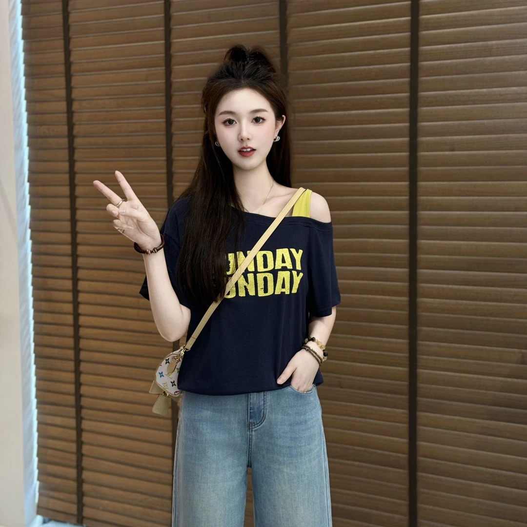 宿慕SUMU 夏季斜肩短袖T恤2025新款撞色肩带宽松百搭上衣B1908R