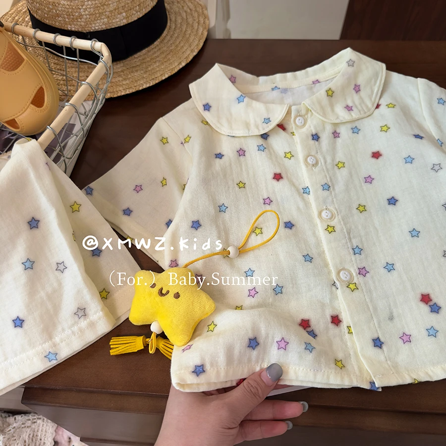 宝宝夏季睡衣2025新款精梳棉纱短袖套装全棉亲子装纯棉睡衣两件套