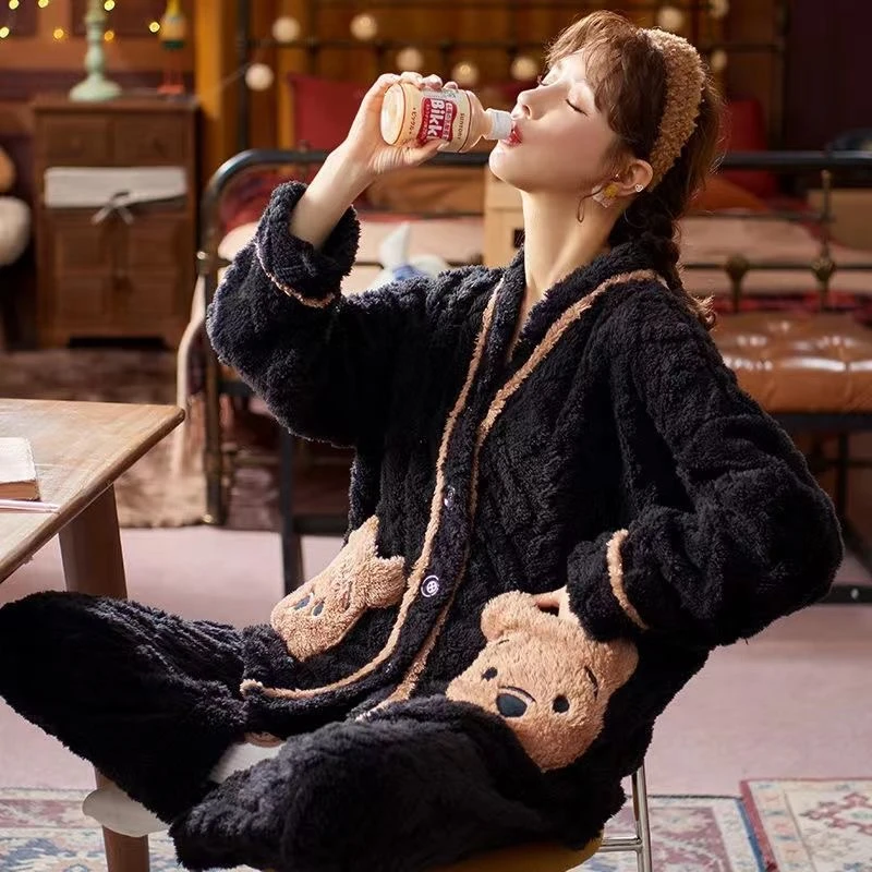 女士珊瑚绒睡衣加绒套装2025年新款法兰绒秋冬季冬天保暖家居服