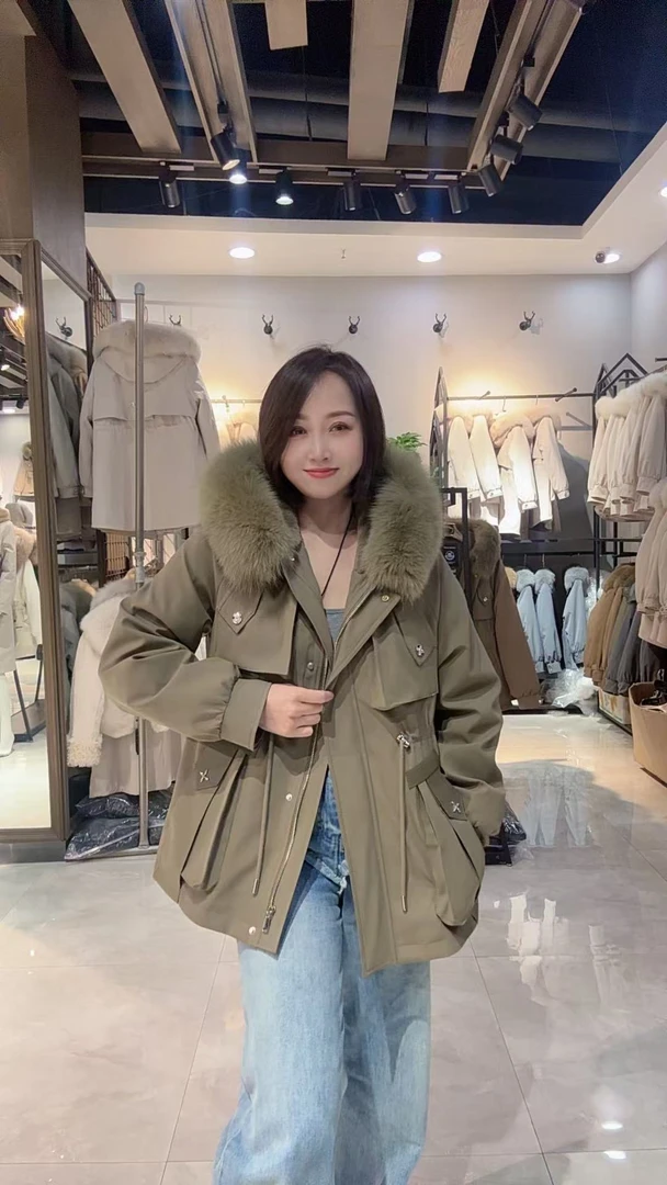 2487女款羽绒+獭兔双胆可拆卸派克服连帽款
