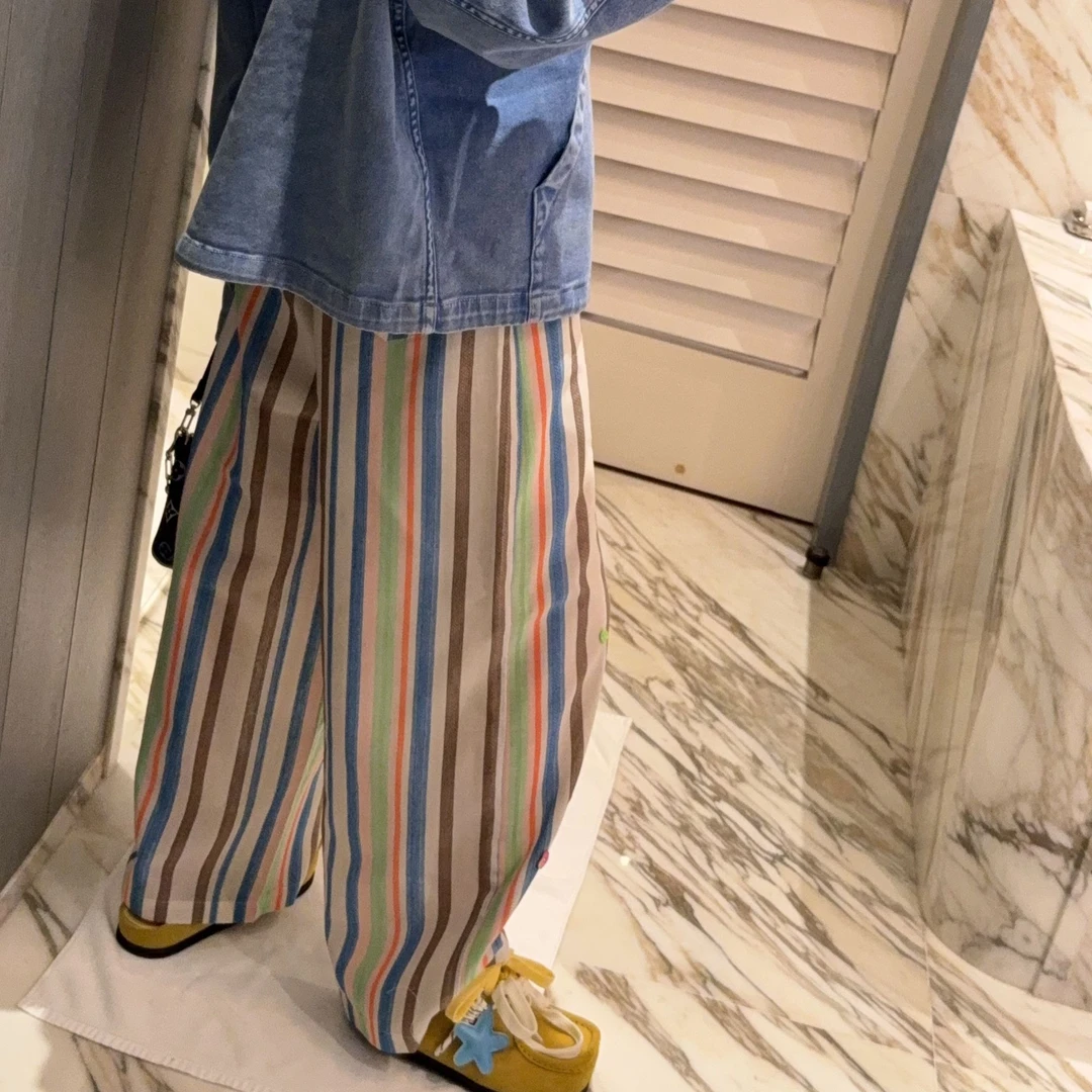 舟舟 【重工彩扣条纹裤】裤子休闲时尚潮流百搭宽松