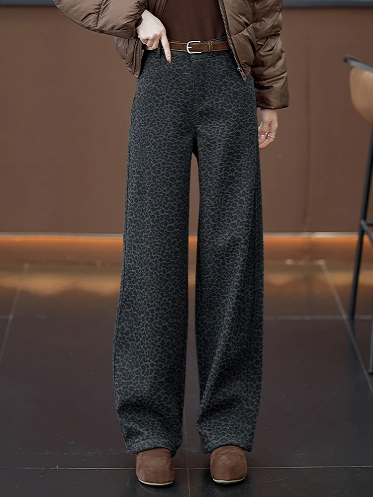 冬季新款加绒小众豹纹高腰休闲弯刀裤女宽松时髦显瘦长裤