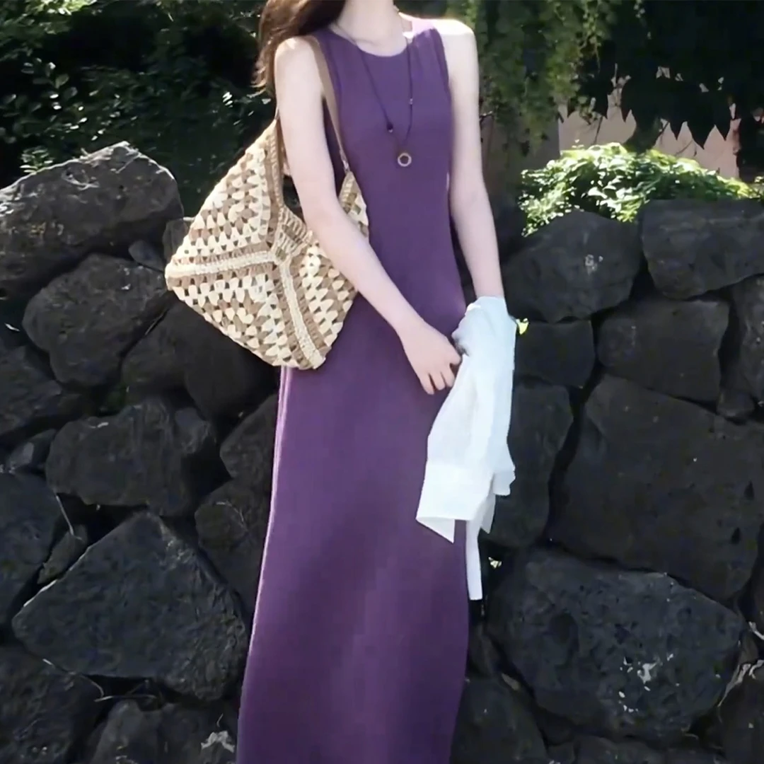 紫色无袖背心连衣裙子女夏季新款爆款海边度假高级感长裙5546
