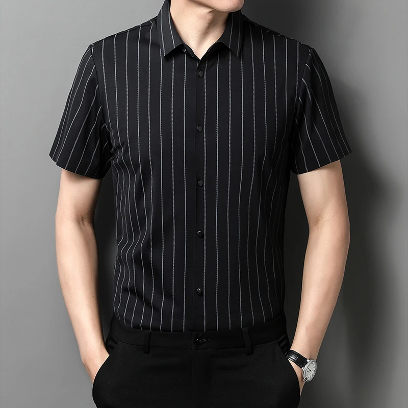 条纹短袖衬衫男士商务休闲弹力中年修身垂感免烫衬衣