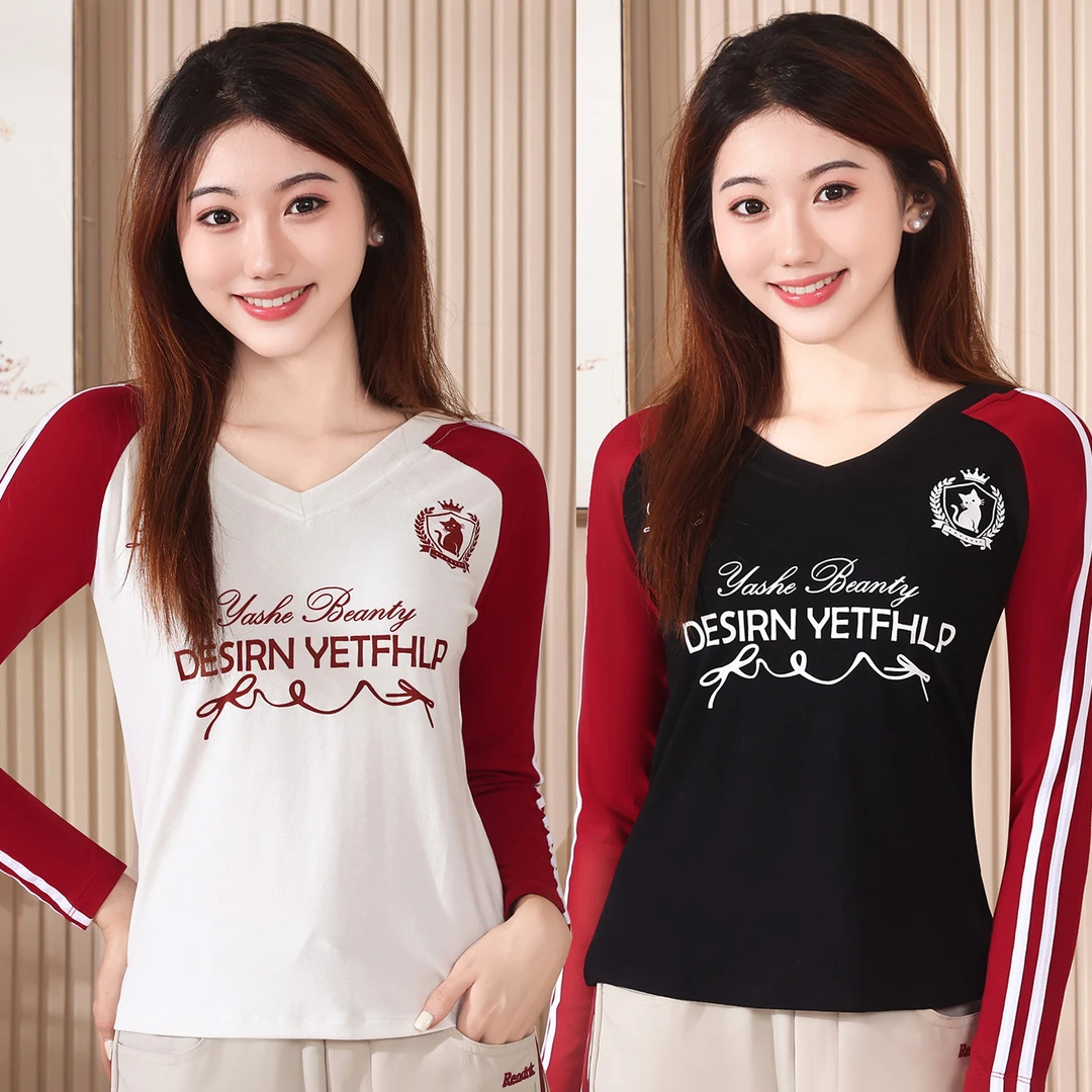 秋上新V领印花条纹T恤长袖潮流时尚显瘦百搭上衣