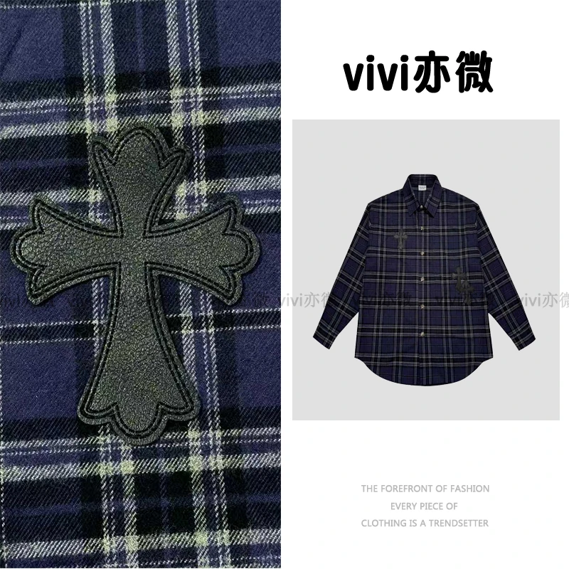 【vivi亦微】-时髦复古氛围感百搭克家蓝格纹长袖衬衫外套-CS0621