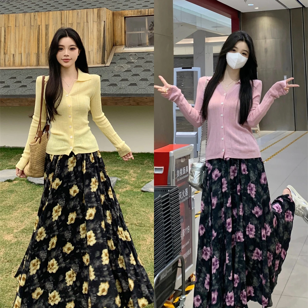 大码女装胖mm温柔风气质单排扣针织衫上衣秋季新款高腰碎花半身裙