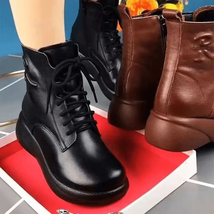秋冬季2024新款真皮厚底短靴圆头系带松糕底加绒加厚马丁靴女K13