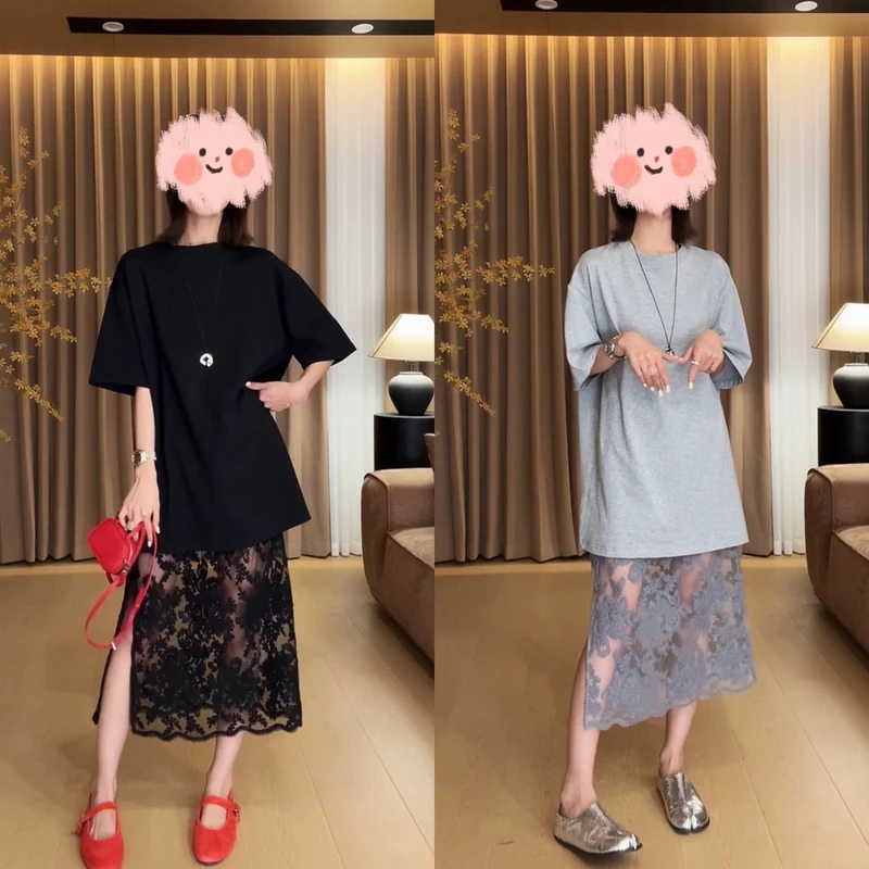 新款宽松百搭短袖T恤松紧腰蕾丝花边半身裙两件套