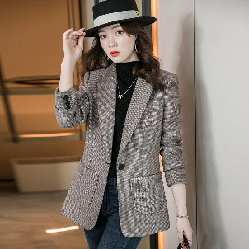 毛呢西装外套女春秋2025新款春秋休闲女士大码千鸟格西服春秋加厚