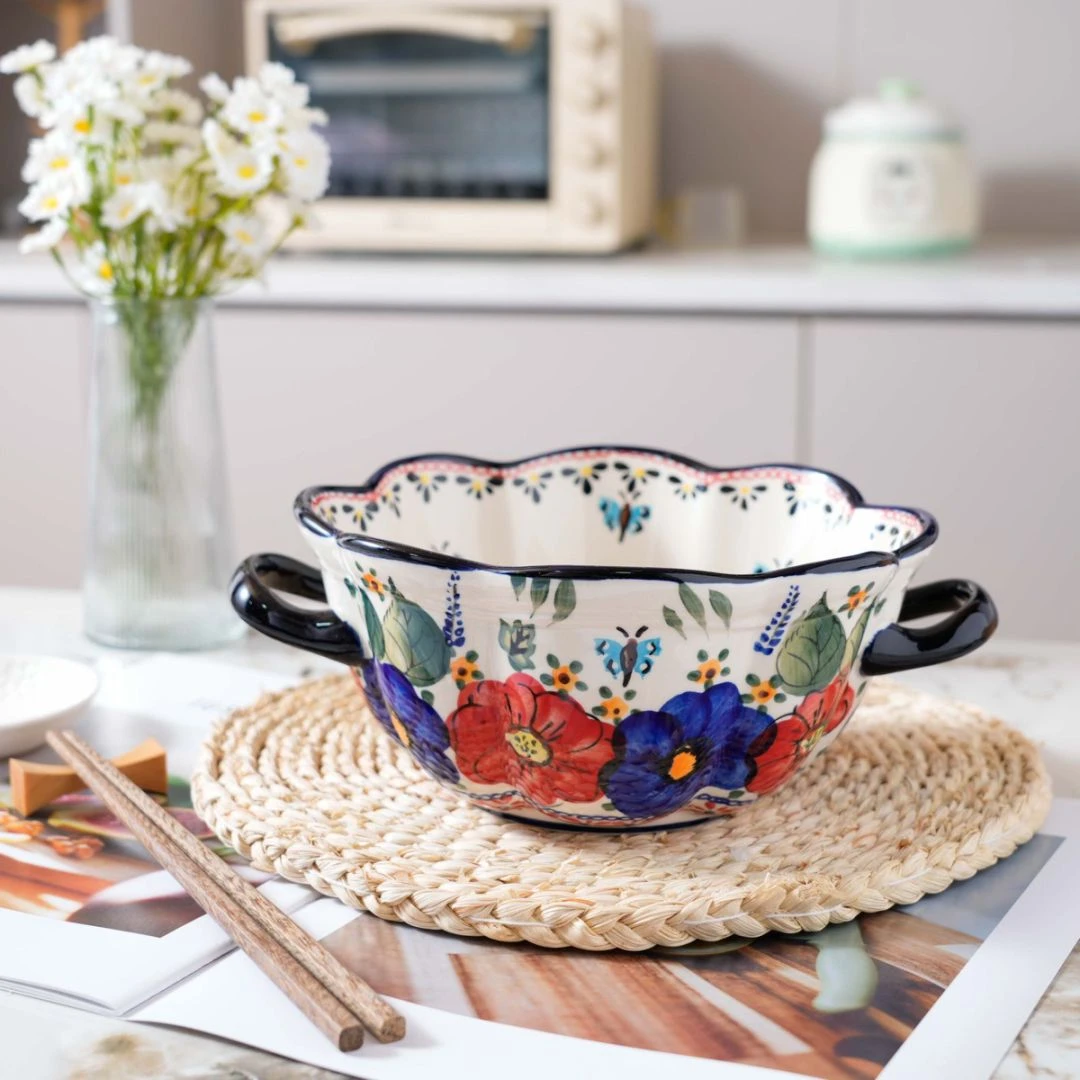 【西里西亚】手绘10.5英寸双耳彩绘琉璃汤锅欧式家用陶瓷