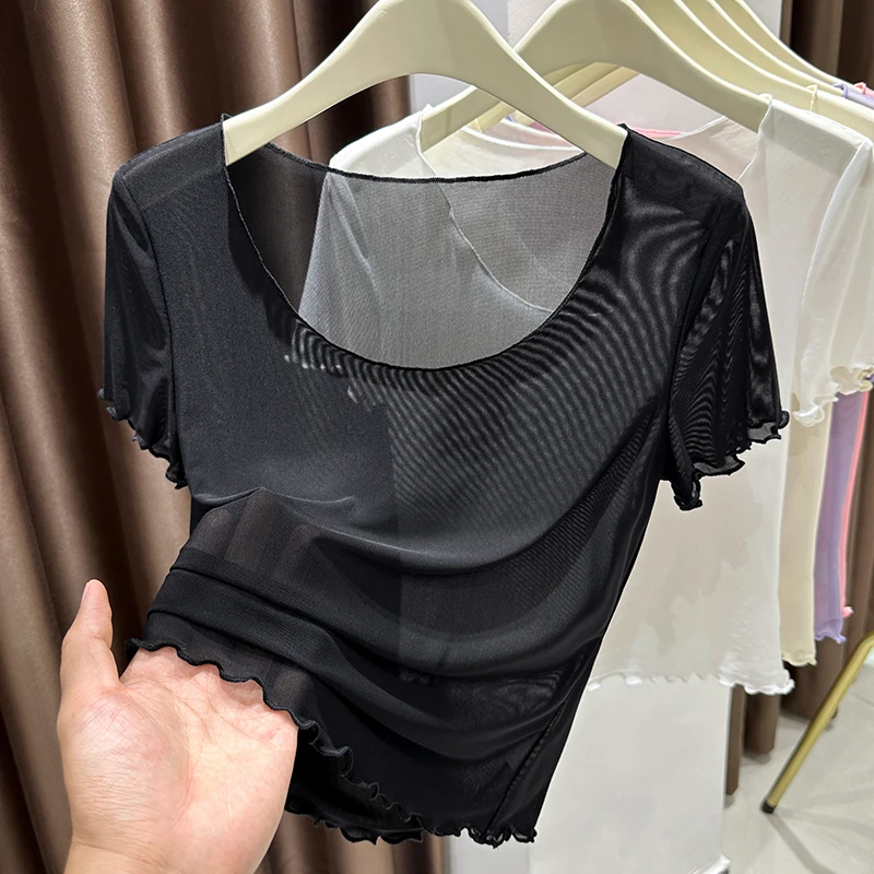 黑色透肤冰丝网纱短袖T恤女夏季性感大圆领正肩木耳边蕾丝打底衫