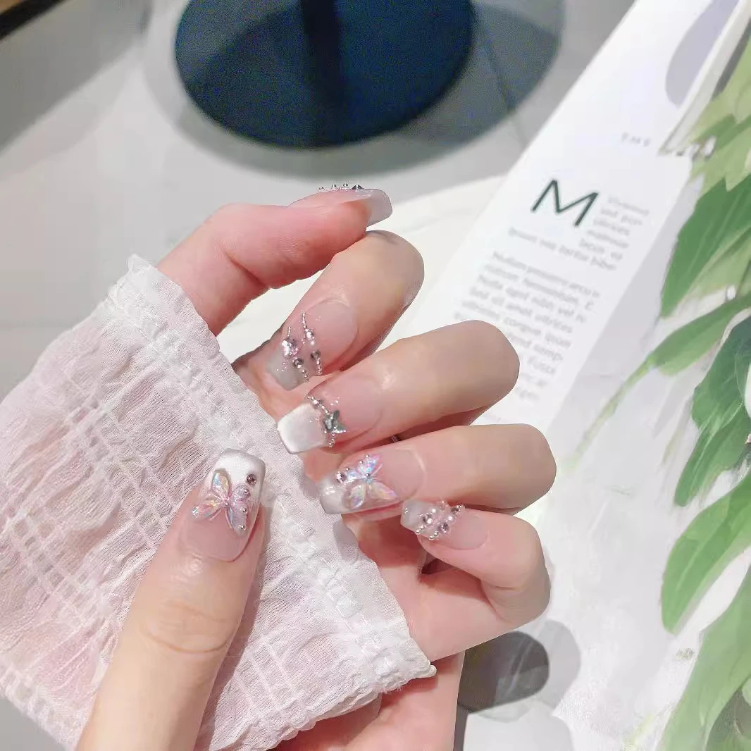 【镜月蝶】纯手工穿戴甲水晶蝴蝶爆闪猫眼珍珠气质温柔百搭高级显白