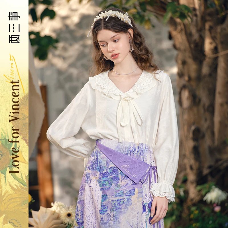 两三事春日序言蕾丝拼接荷叶边领绑带上衣S25CLS342