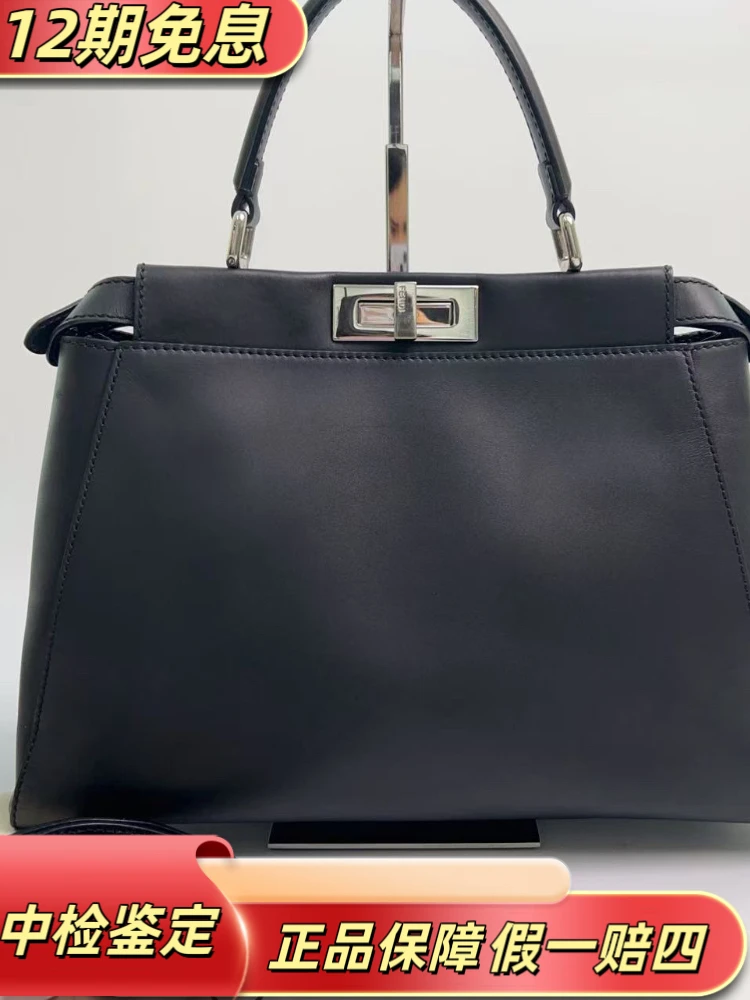 99新 FENDI/芬迪 peekaboo中号蛇皮黄眼睛黑银全皮单肩包35*13*24