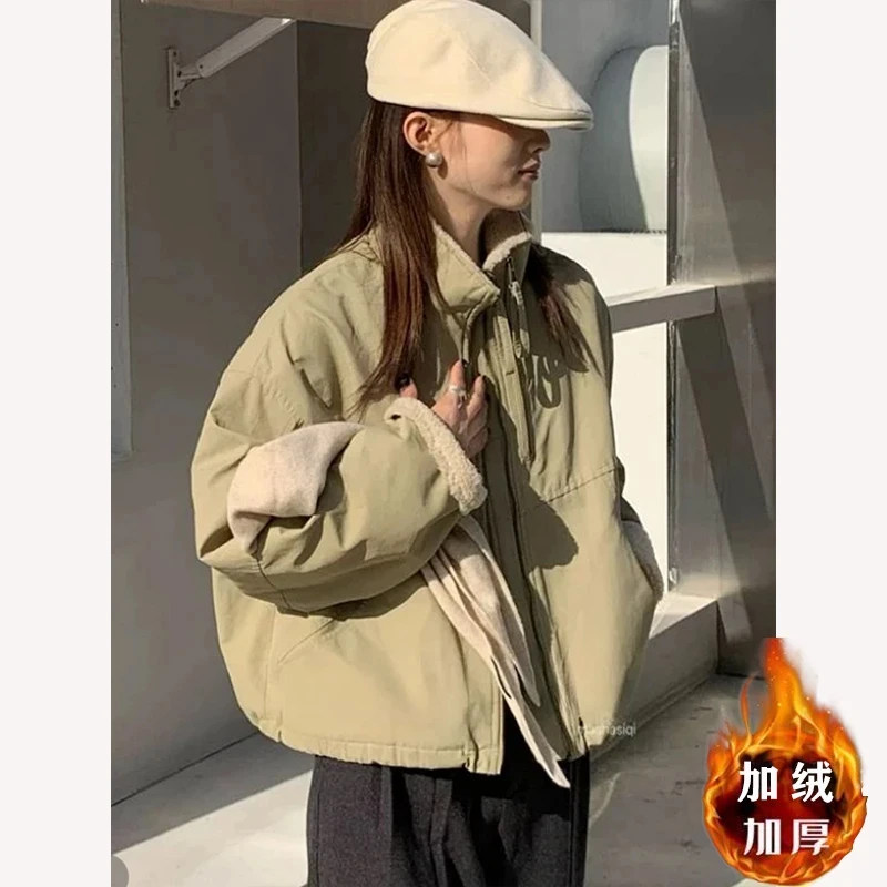 【2025】仿羊羔毛加绒派克服女春秋短款百搭宽松韩版休闲立领短外套