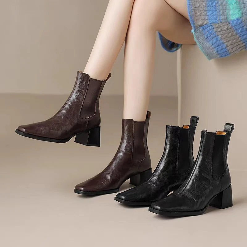 仙履手工女鞋/5cm/牛皮/复古真皮切尔西短靴粗跟方头瘦瘦靴气质靴