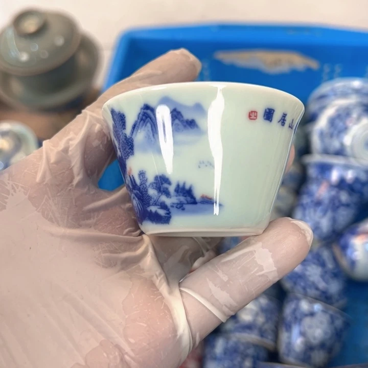 瓷片白青花富春山居图斗笠杯客杯