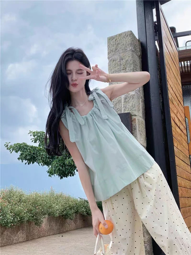 夏季新款小个子无袖绑带褶皱吊带背心女气质小衫宽松大码工厂直销