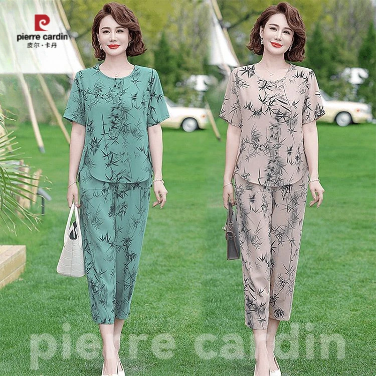 皮尔卡丹中年妈妈夏季薄款套装新款时尚中老年洋气短袖大码夏装