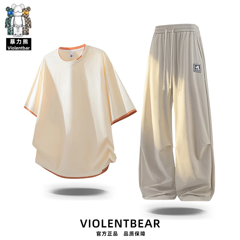 【暴力熊品牌现货】大男孩夏季套装男款日系慵懒风肌理感休闲两件套