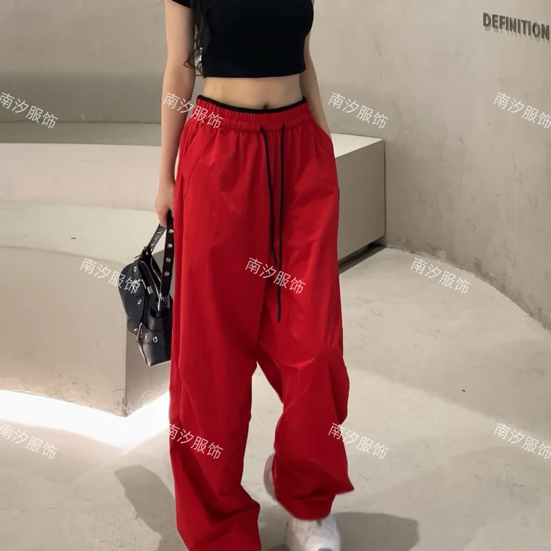 薄款高腰显瘦刺绣阔腿裤女拼色腰头宽松休闲长裤夏季新款慵懒风
