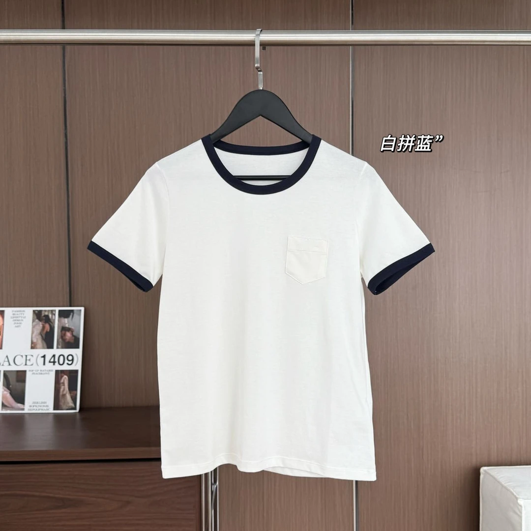 复古撞色少女感正肩T恤短袖