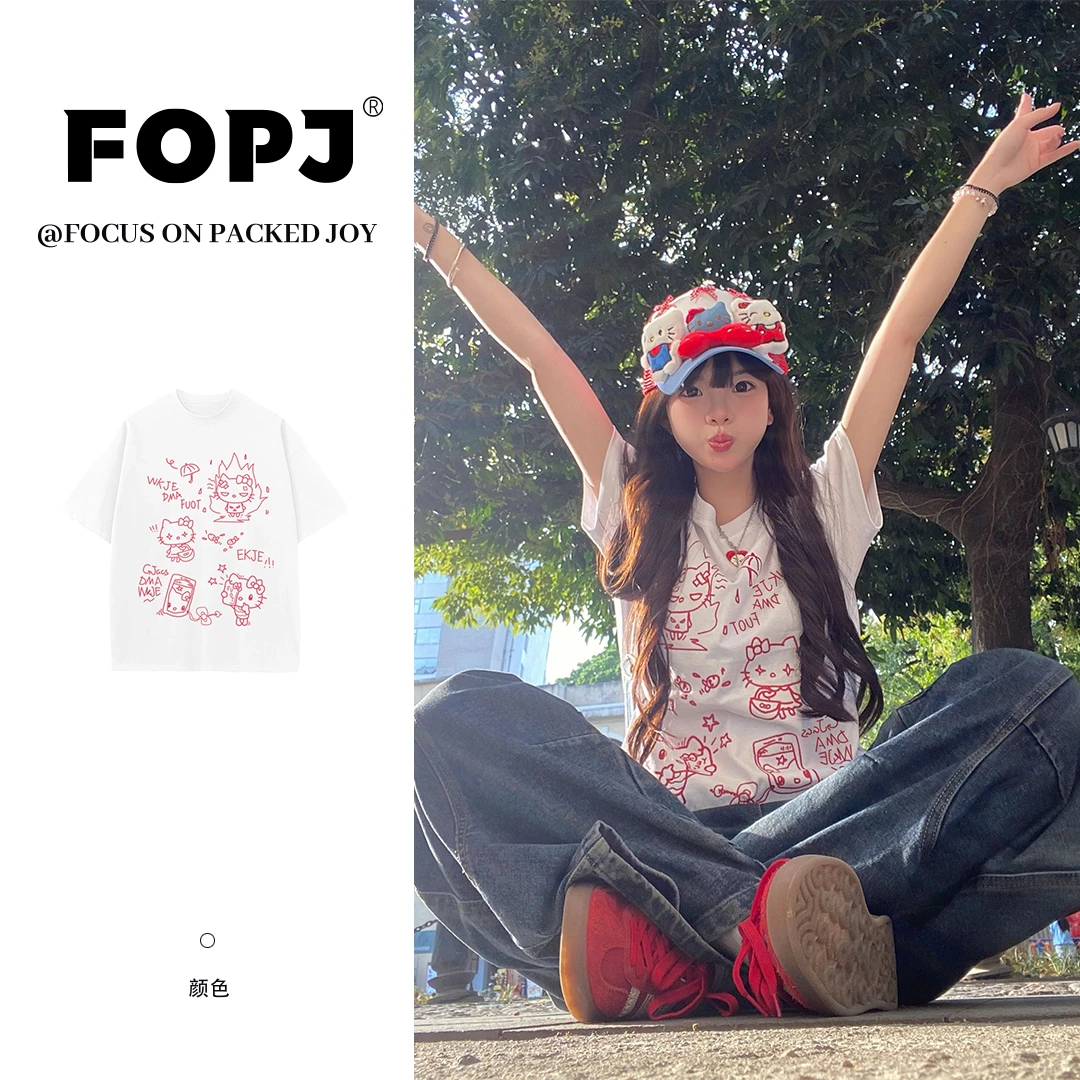 FOPJ纯棉2025夏季新款设计kitty印花宽松oversize显瘦短袖上衣T恤