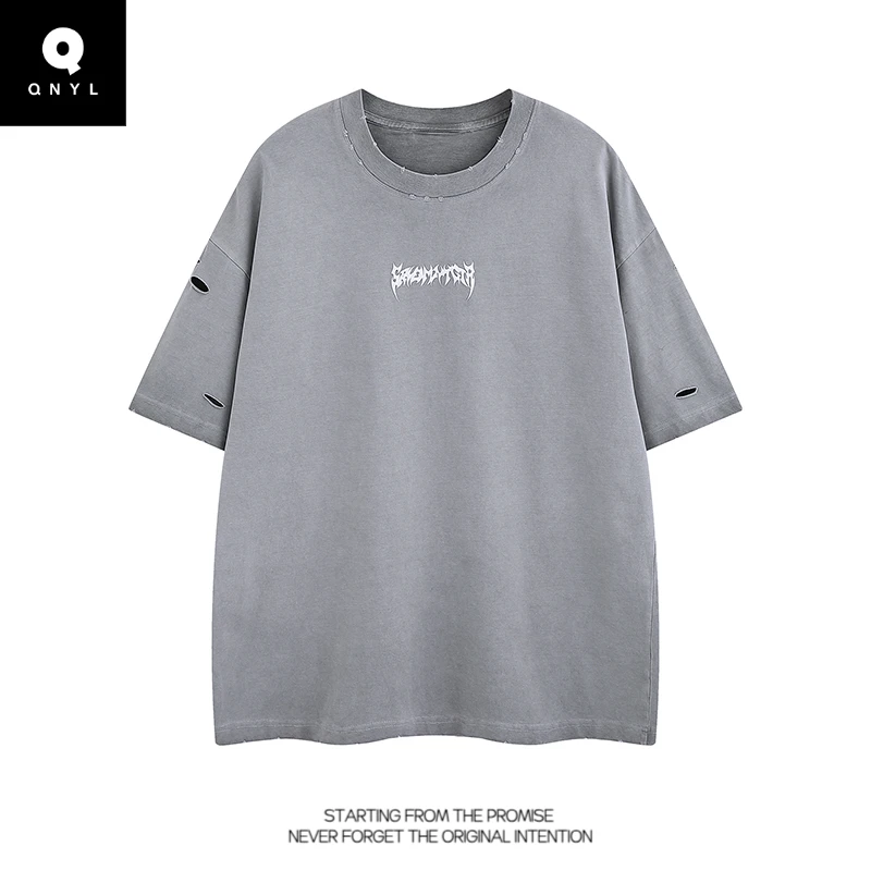 QNYL美式水洗破洞短袖T恤男生夏季潮牌宽松做旧水洗半袖体恤