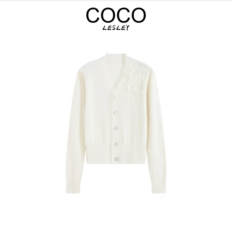 【COCO LESLEY】法式V领羊毛羊绒蕾丝手工订珠开衫女士针织衫G 1449