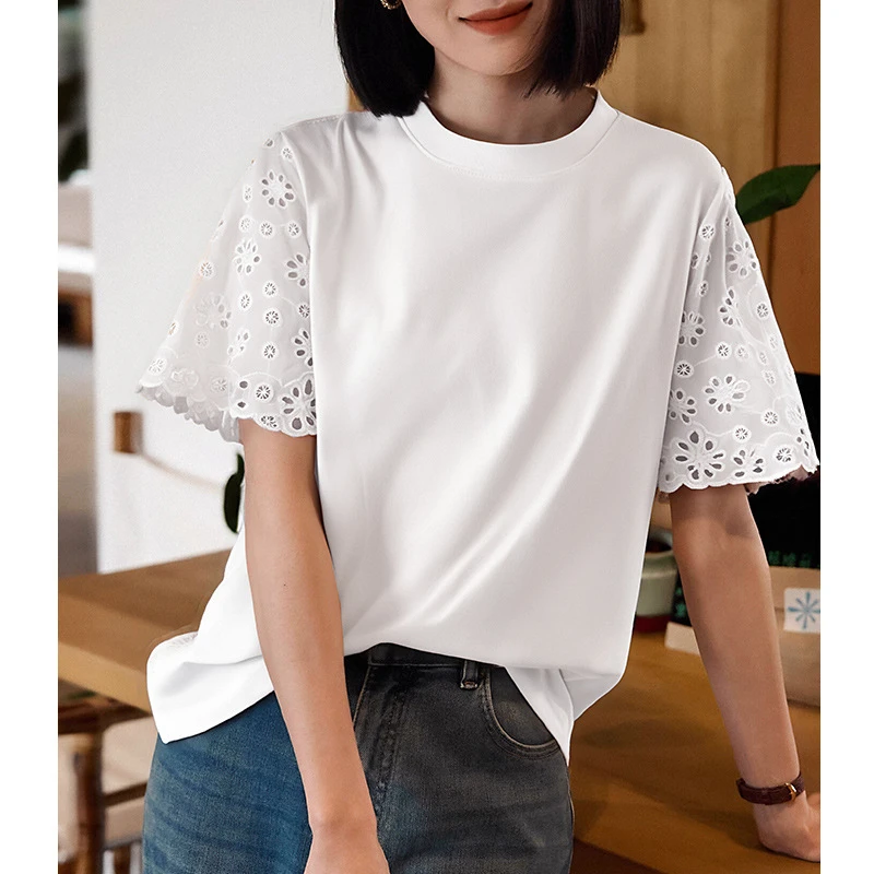 纯棉 设计感镂空花边短袖白色T恤女圆领休闲宽松显瘦上衣0148
