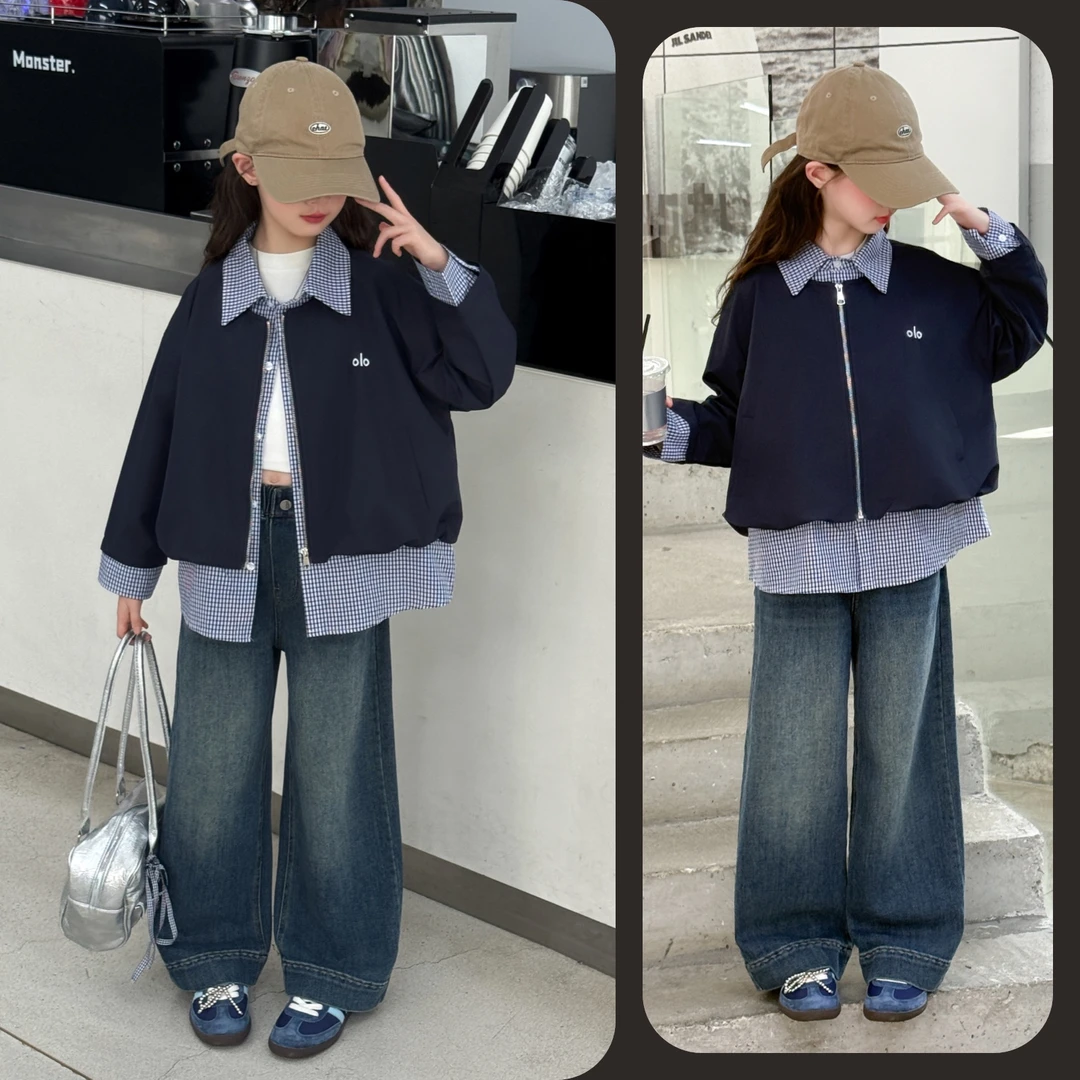 女童时尚假两件拼接格子外套牛仔裤套装6~12岁中大童宽松洋气韩版
