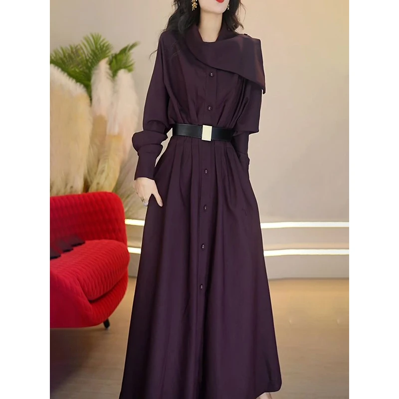 送腰带!气质优雅纯色长袖连衣裙2024秋季新款轻奢洋气显瘦A字裙