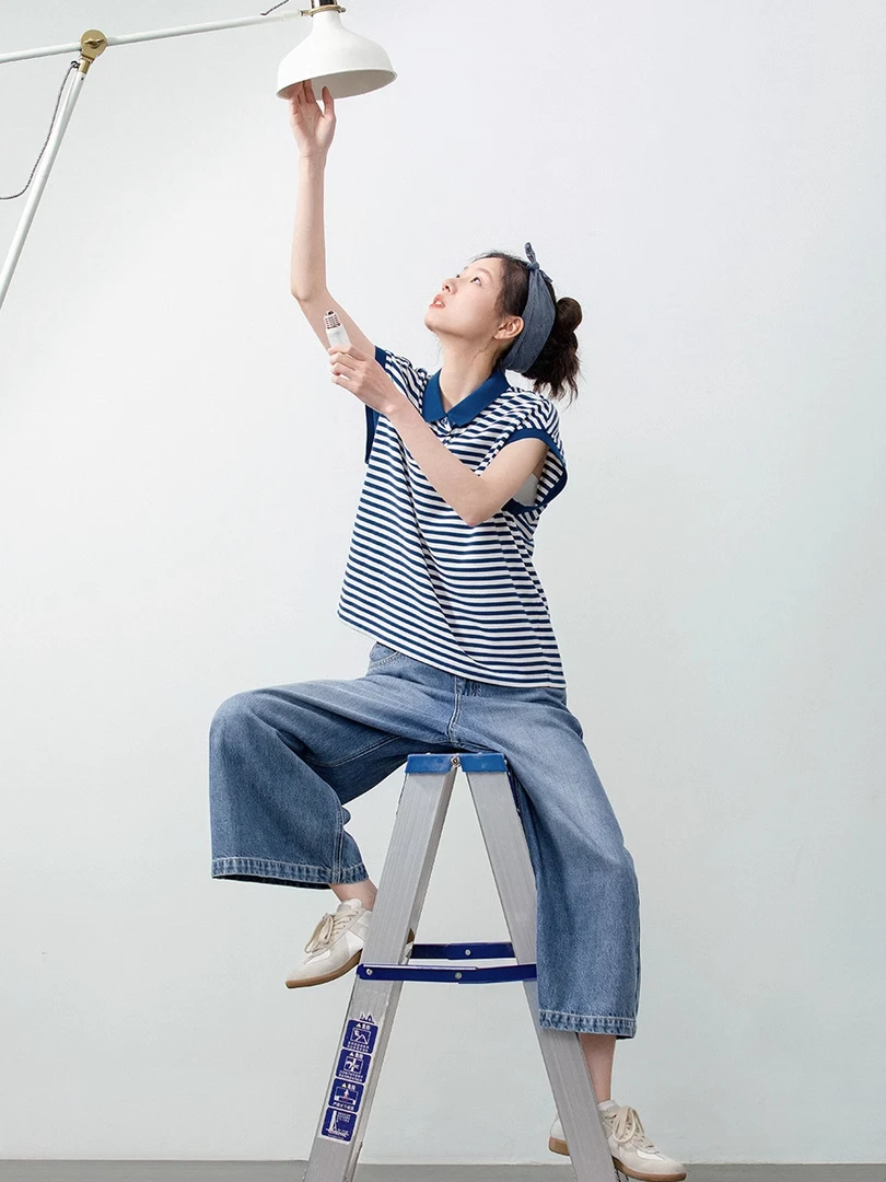 大码日系蓝白条纹t恤女2025新款夏季休闲短袖上衣Polo衫夏休闲T恤
