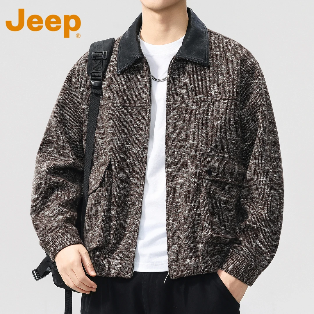 JEEP吉普美式针织呢子夹克外套男款春秋季宽松百搭拼色休闲上衣服