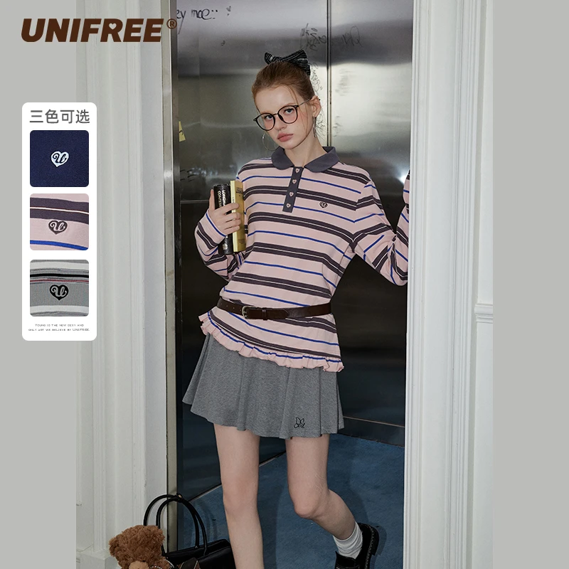 【25年春】条纹长袖T恤女polo领学院风复古荷叶边百搭上衣