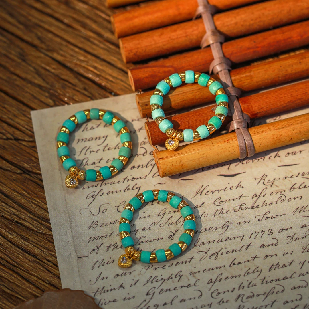 霖泽|绿松石丝绒直切戒指18k金复古国风气质百搭时尚LZ2024122701