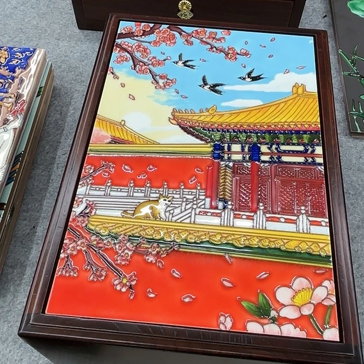 福***佑陶瓷板画老榆木双层收纳盒