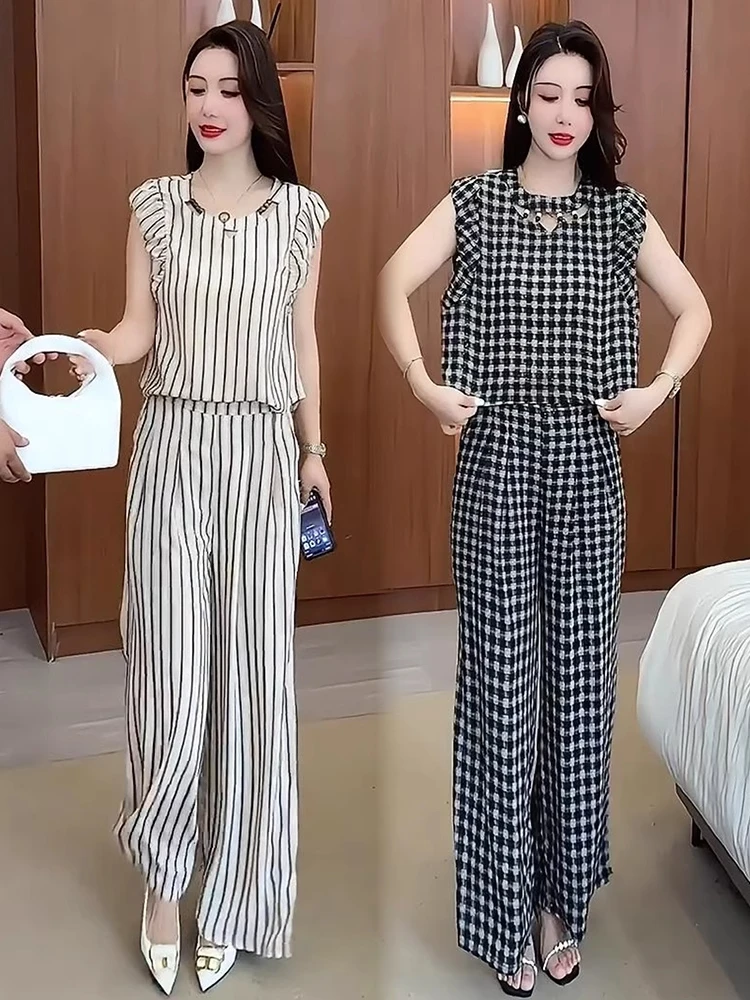 时尚套装女2025夏季新款时髦洋气短袖上衣阔腿裤气质两件套小香风