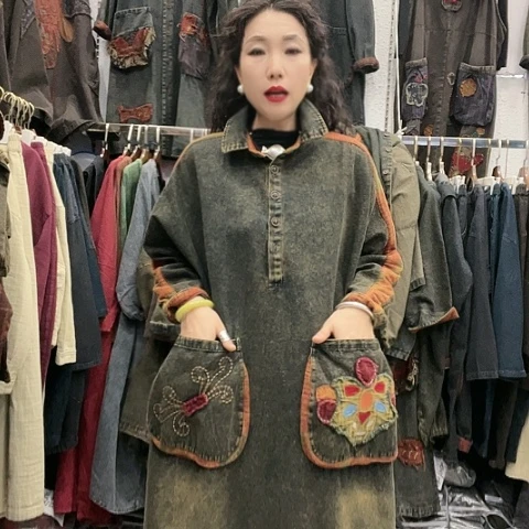 刺绣招财猫牛仔衬衫领如意裙