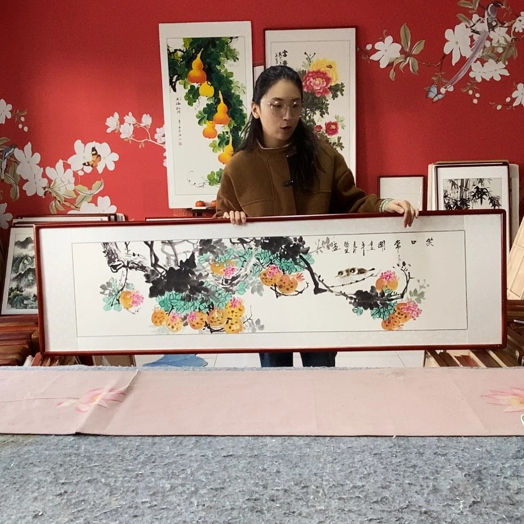 国画手写手绘国画作品带框包邮47✖️162