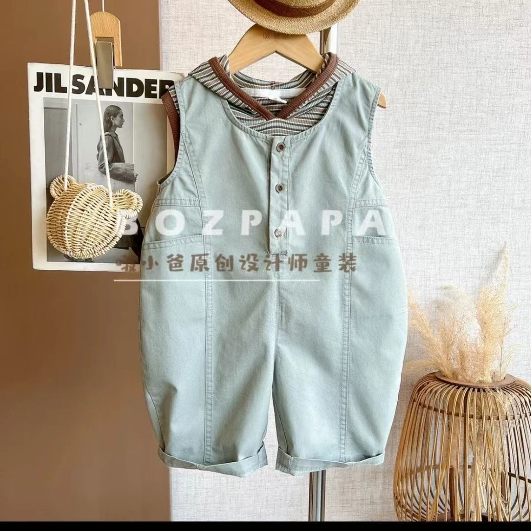 童装男童夏装2025夏季男童韩系休闲男女童设计背带裤条纹背心套装