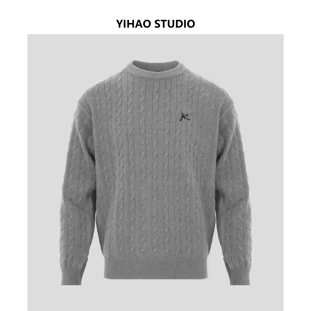 YIHAO STUDIO新年限定男款圆领提花毛衣秋冬休闲小刺绣针织衫